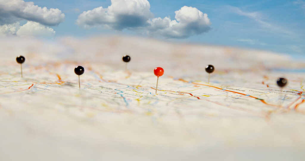 Find your way. Location Pin marking on a routes, world map. Maps navigation with red and black color point markers design background.